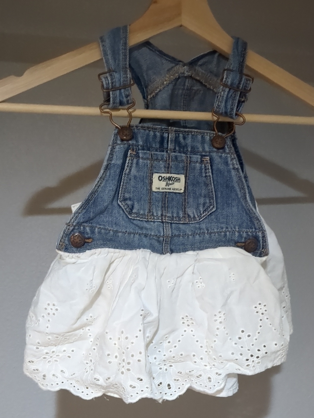 OshKosh B'gosh Blue Denim Bib with White Eyelet Skirt Overall Dress